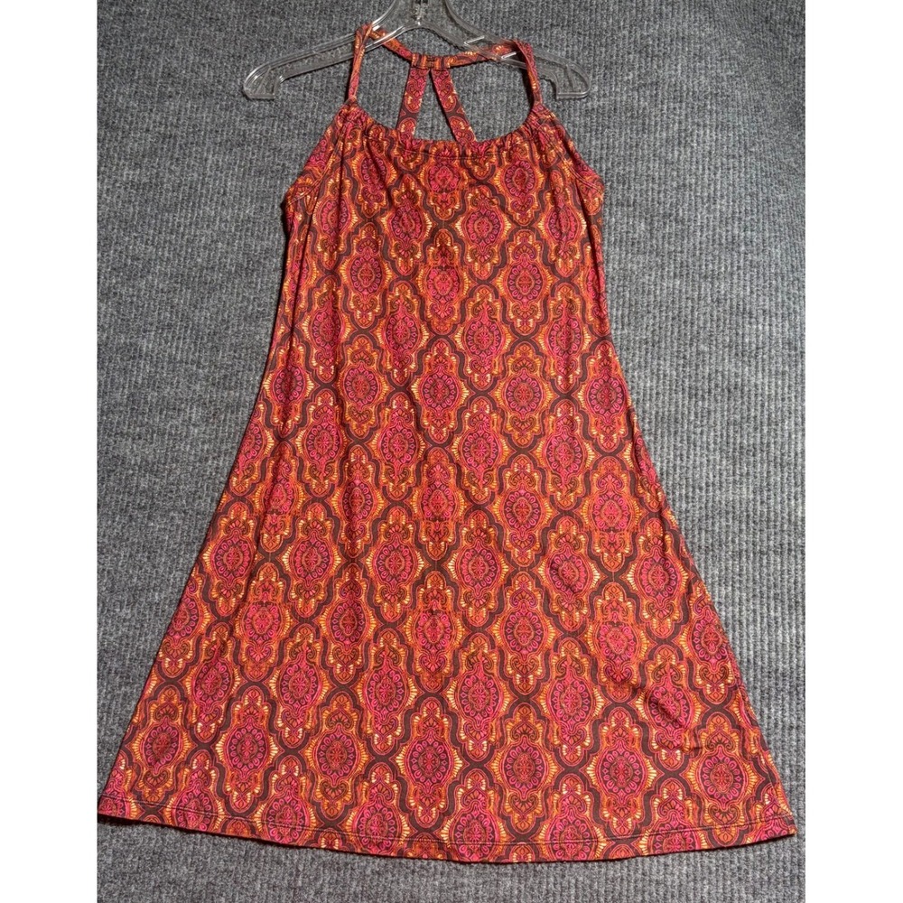 Prana Women Orange Pink Medallion Strappy A-Line Halter Dress Small Built-in Bra